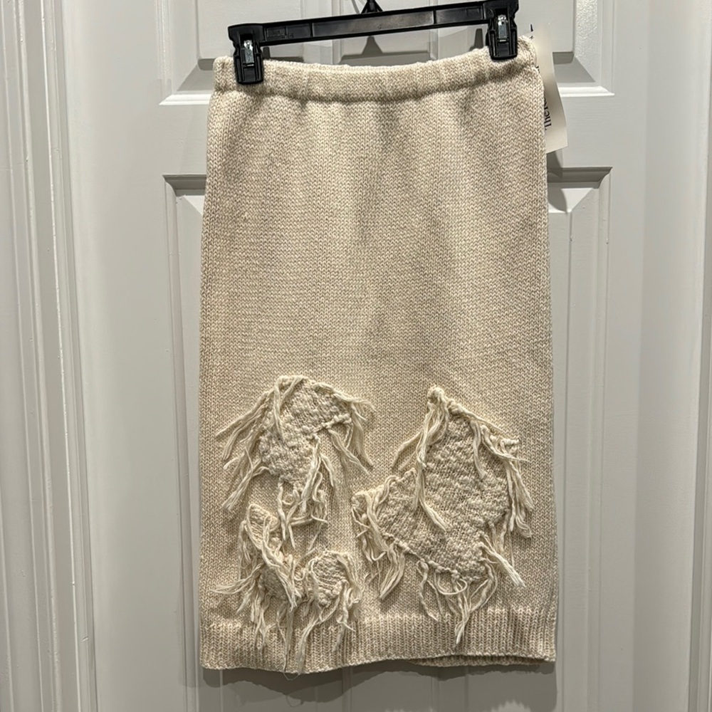 Leonik Cream Knit Fringe Skirt Neiman Marcus Modern Textured Woven Pencil Midi